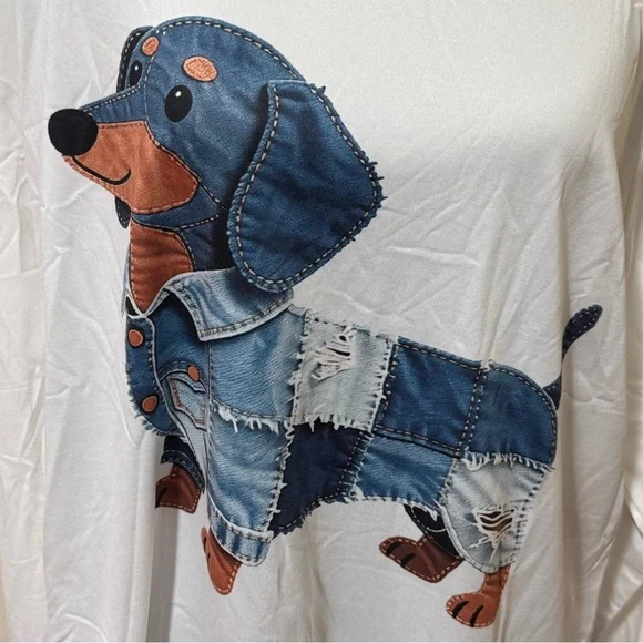 White Long Sleeve Dachshund Distressed Patchwork Tee Size 3X NEW - Picture 2 of 7